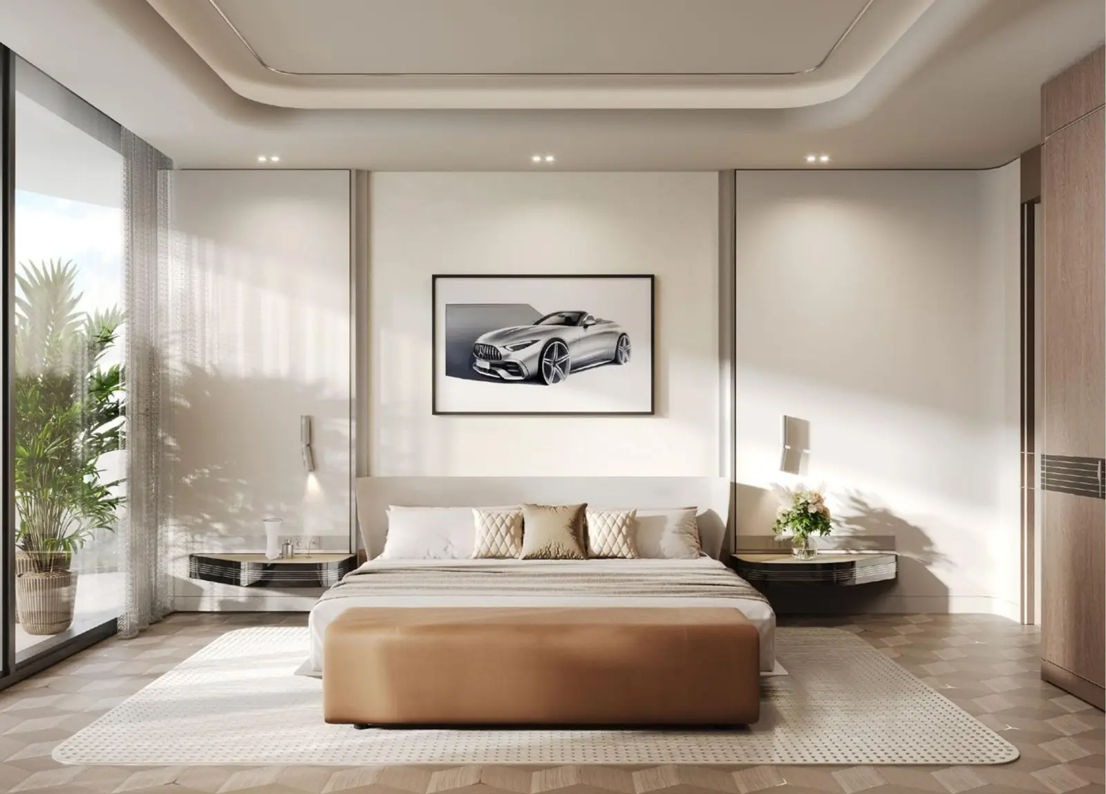 Bedroom with large window and car artwork