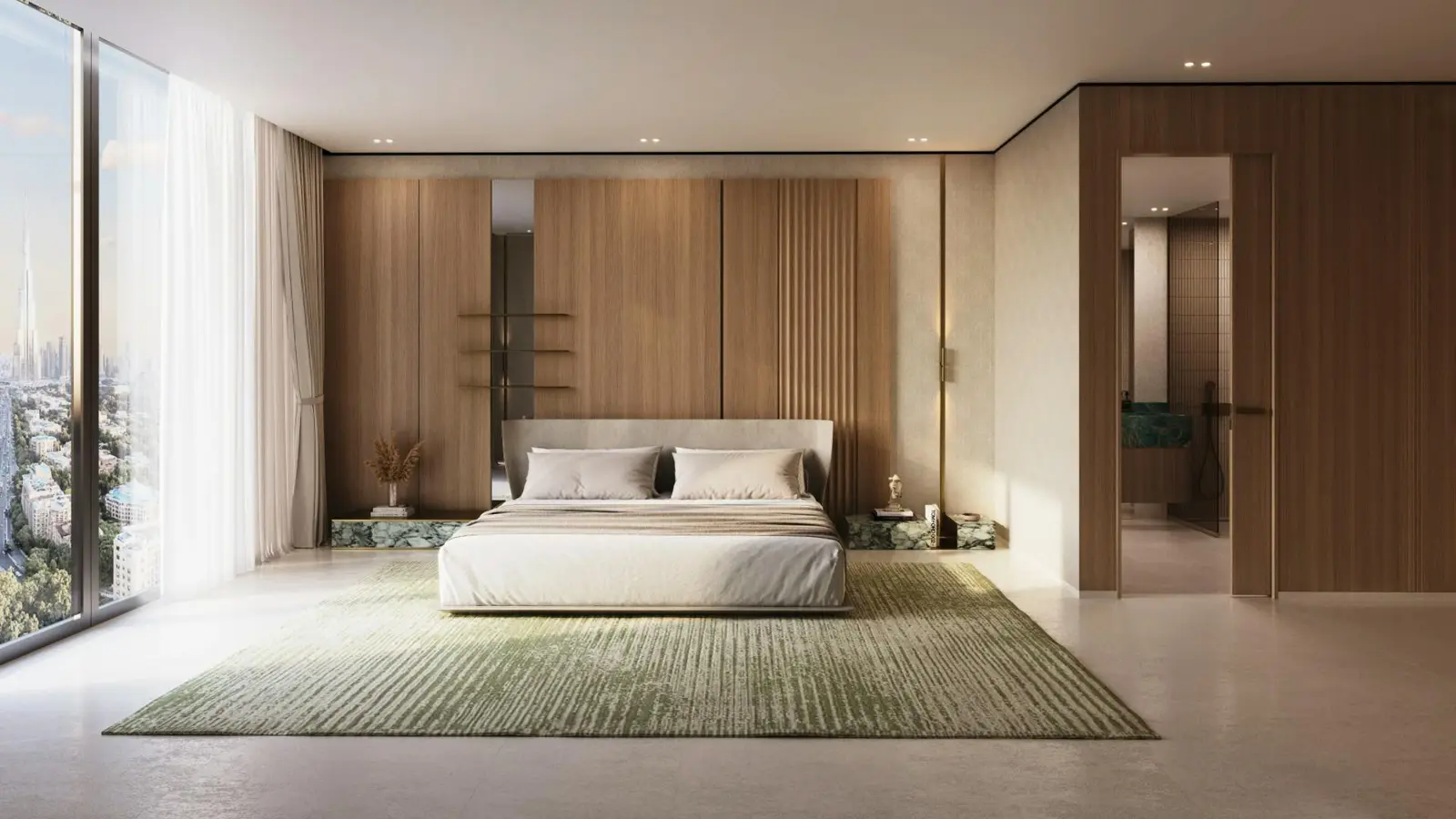 Bedroom with floor-to-ceiling window and wood panels