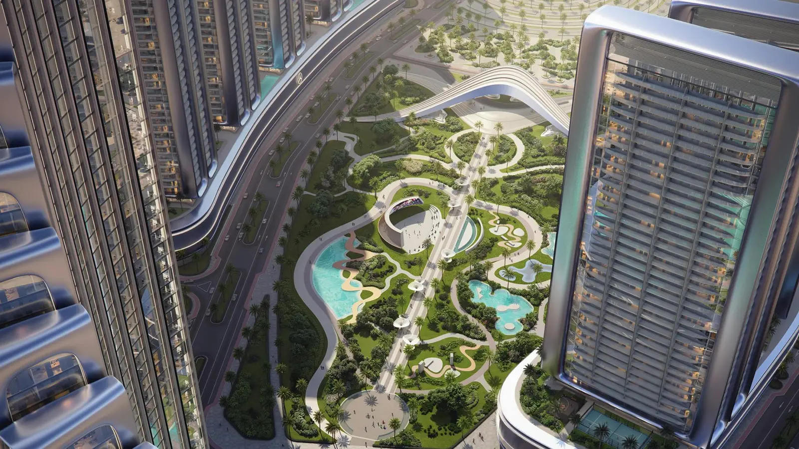 Aerial view of landscaped park with pools
