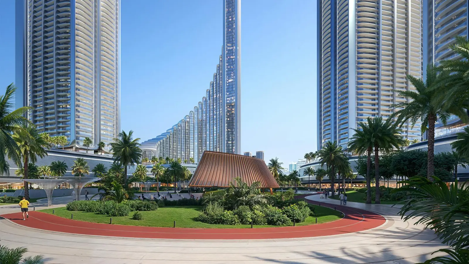 Park with running track between towers