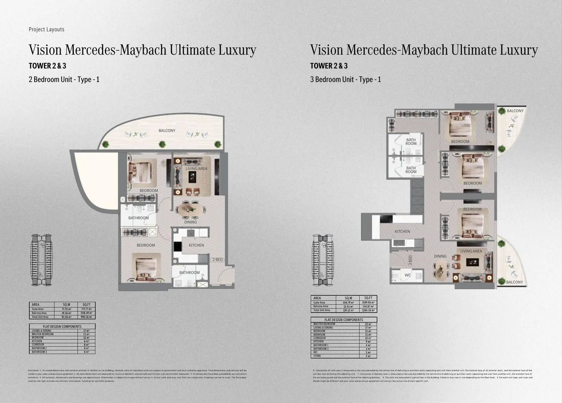 Two and three-bedroom plans, Towers 2 and 3