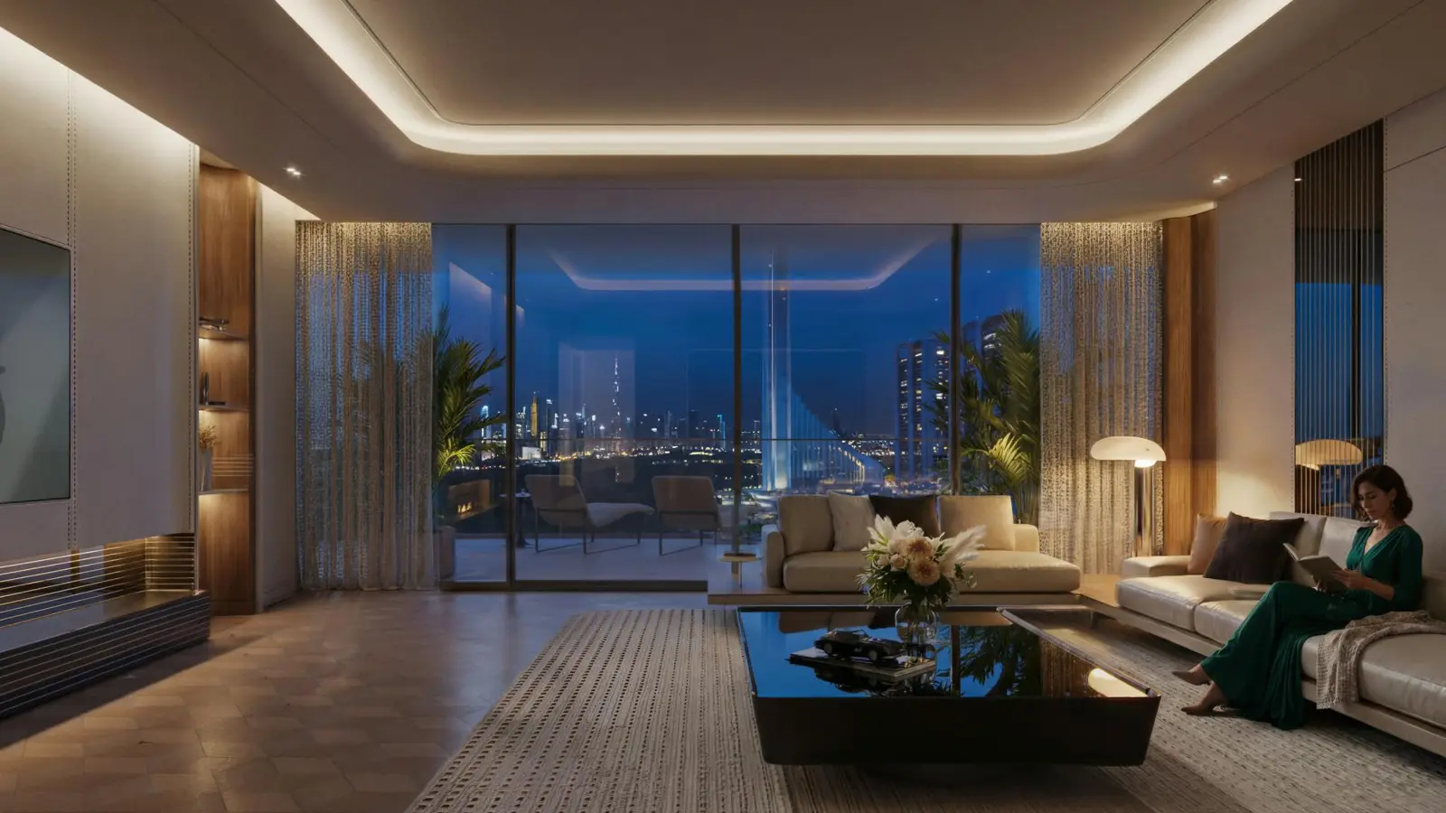 Living room at night with skyline view