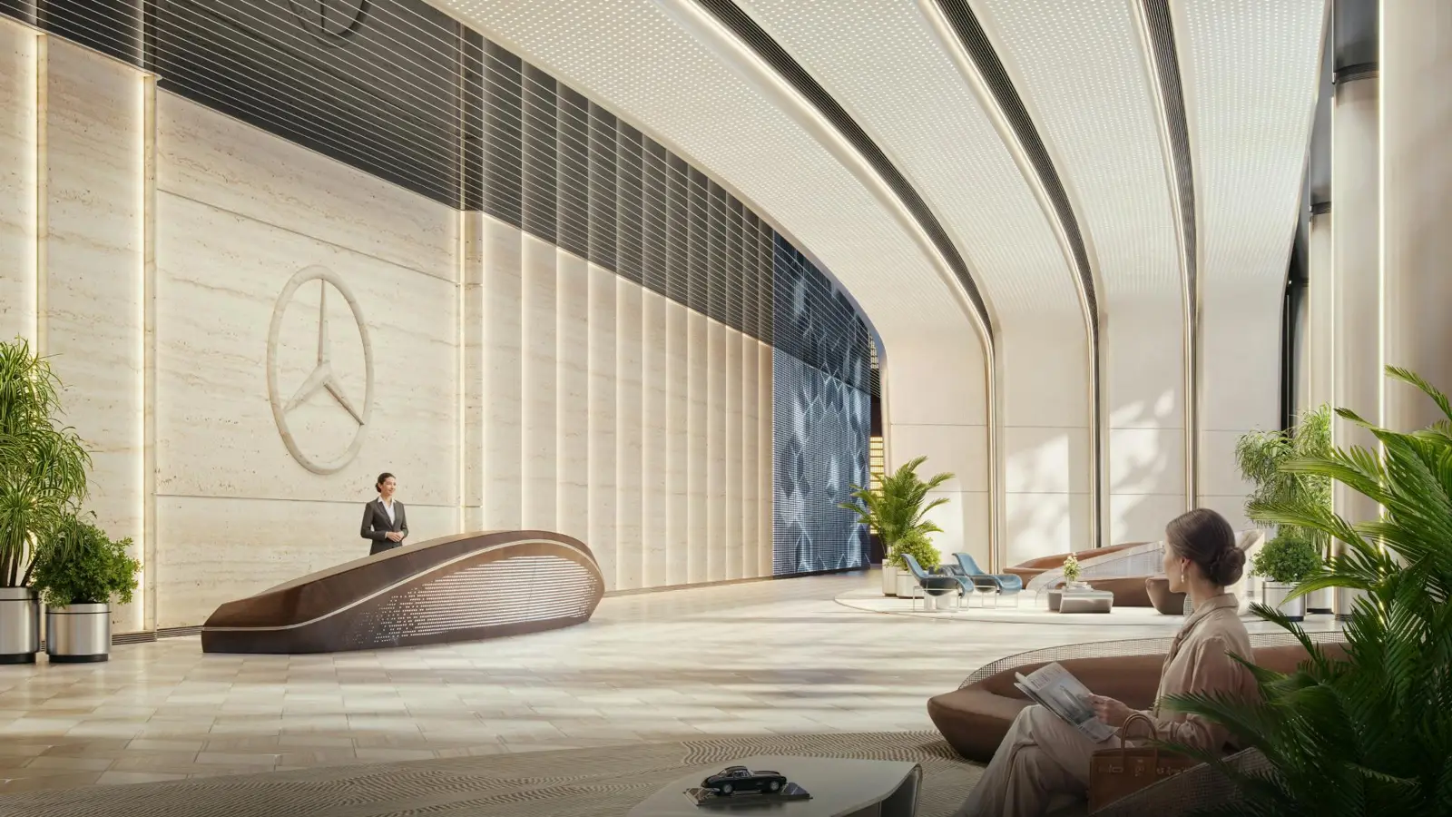 Lobby with reception desk and Mercedes star