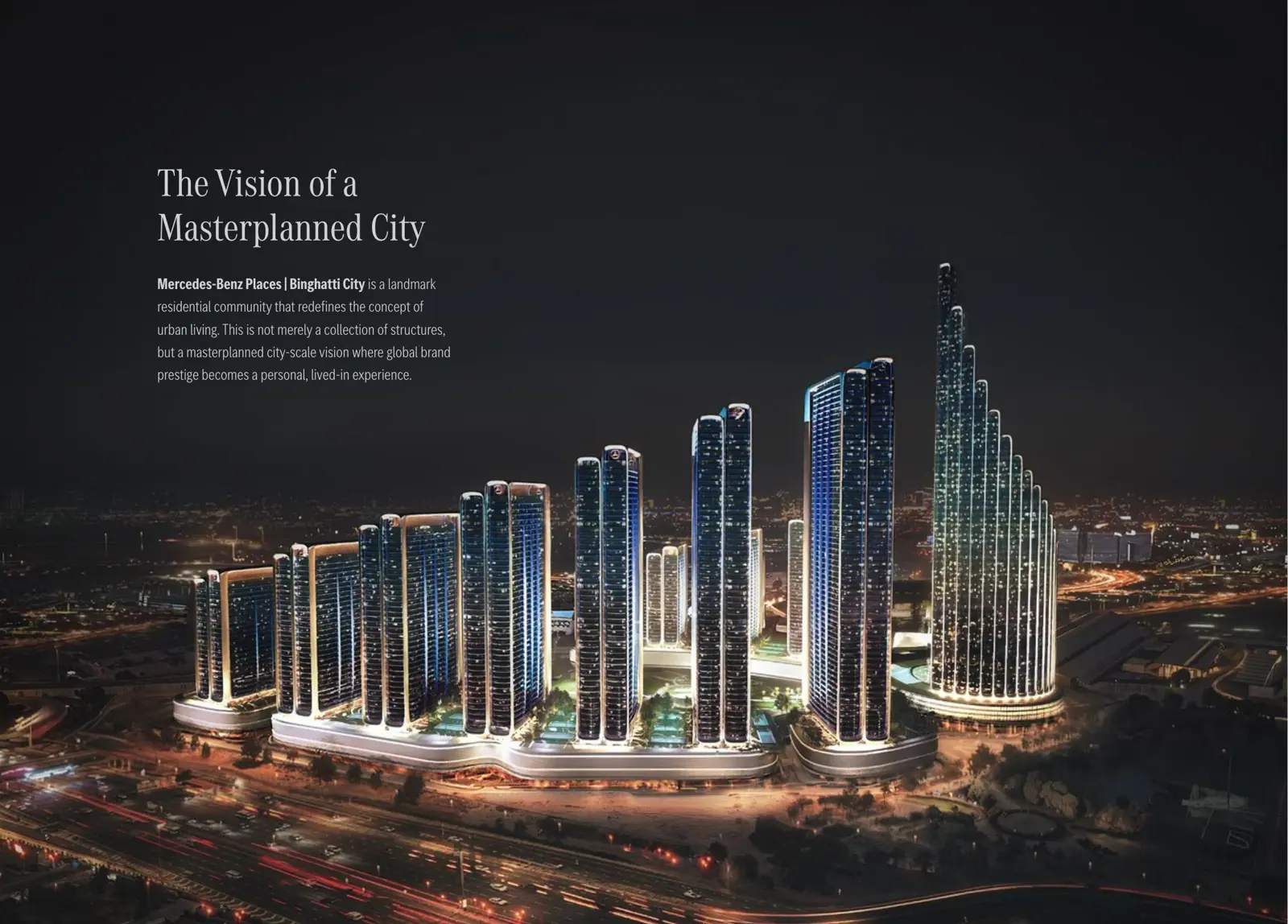 Night aerial view of the 12-tower city skyline