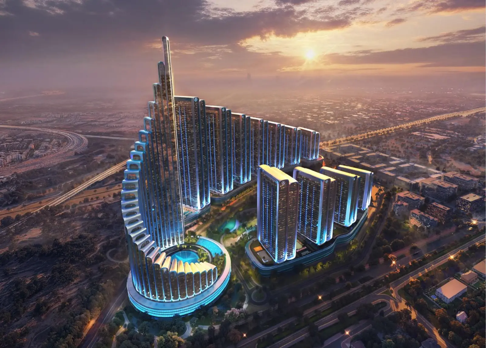 Aerial dusk view of the iconic tower and low towers