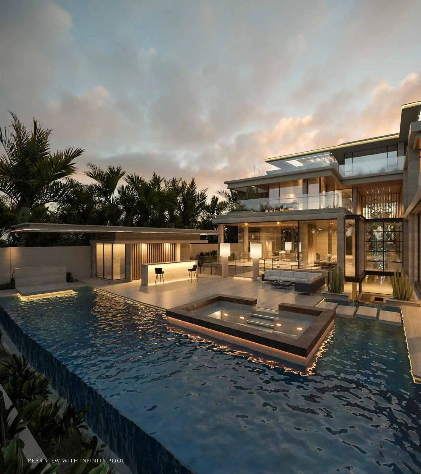 Rear of a mansion with infinity pool at dusk