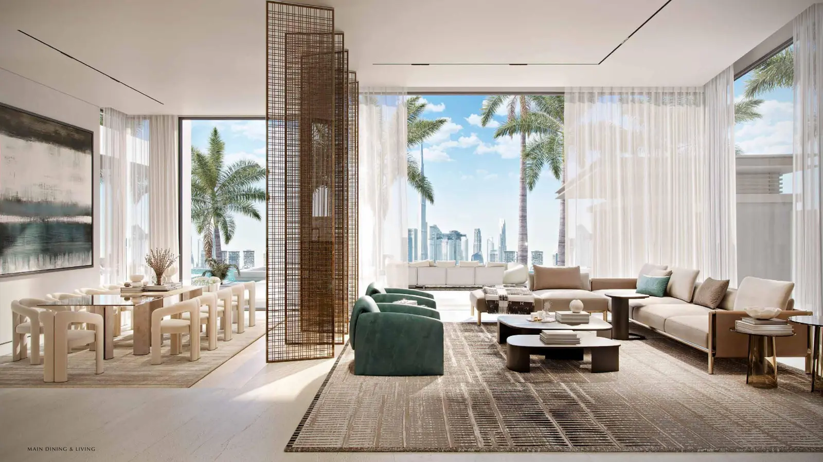 Main dining and living room with skyline view