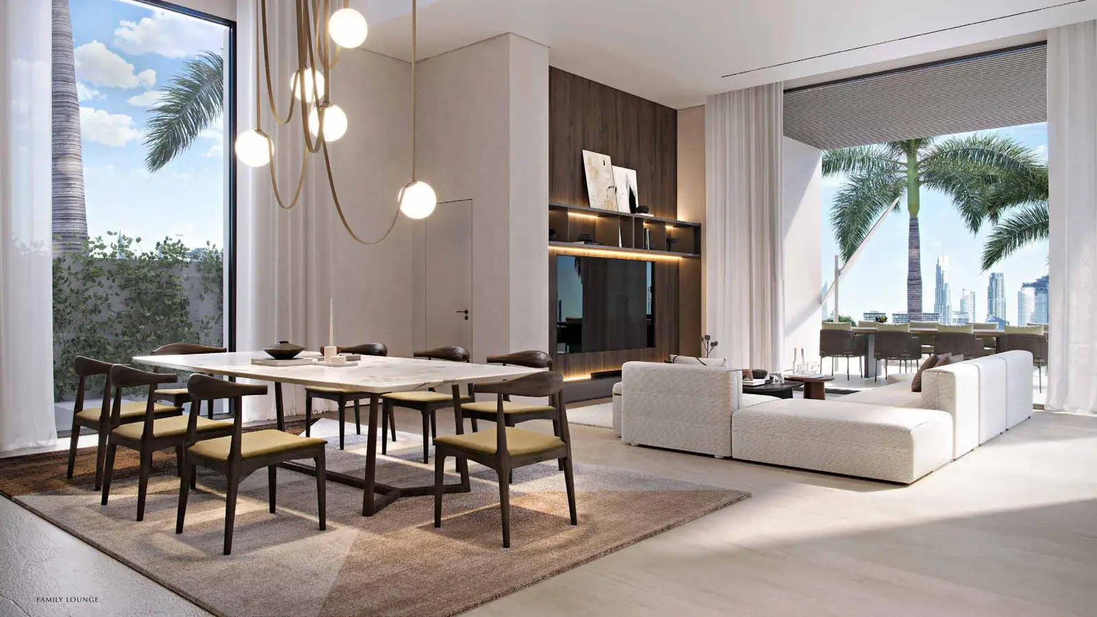 Family lounge with dining table and terrace