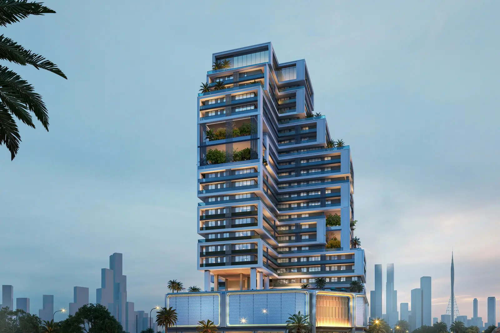 Tower at dusk with staggered balconies