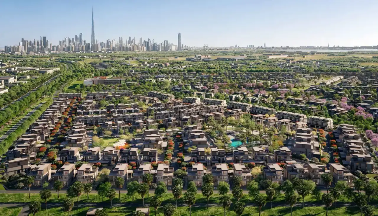 Aerial view of the villa community with Downtown skyline