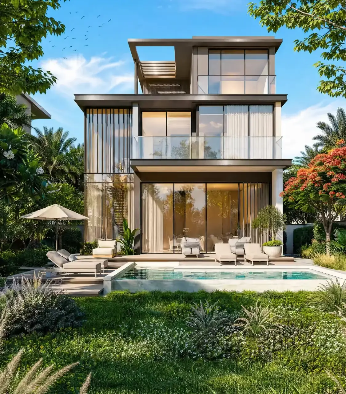 Villa rear elevation with garden and private pool