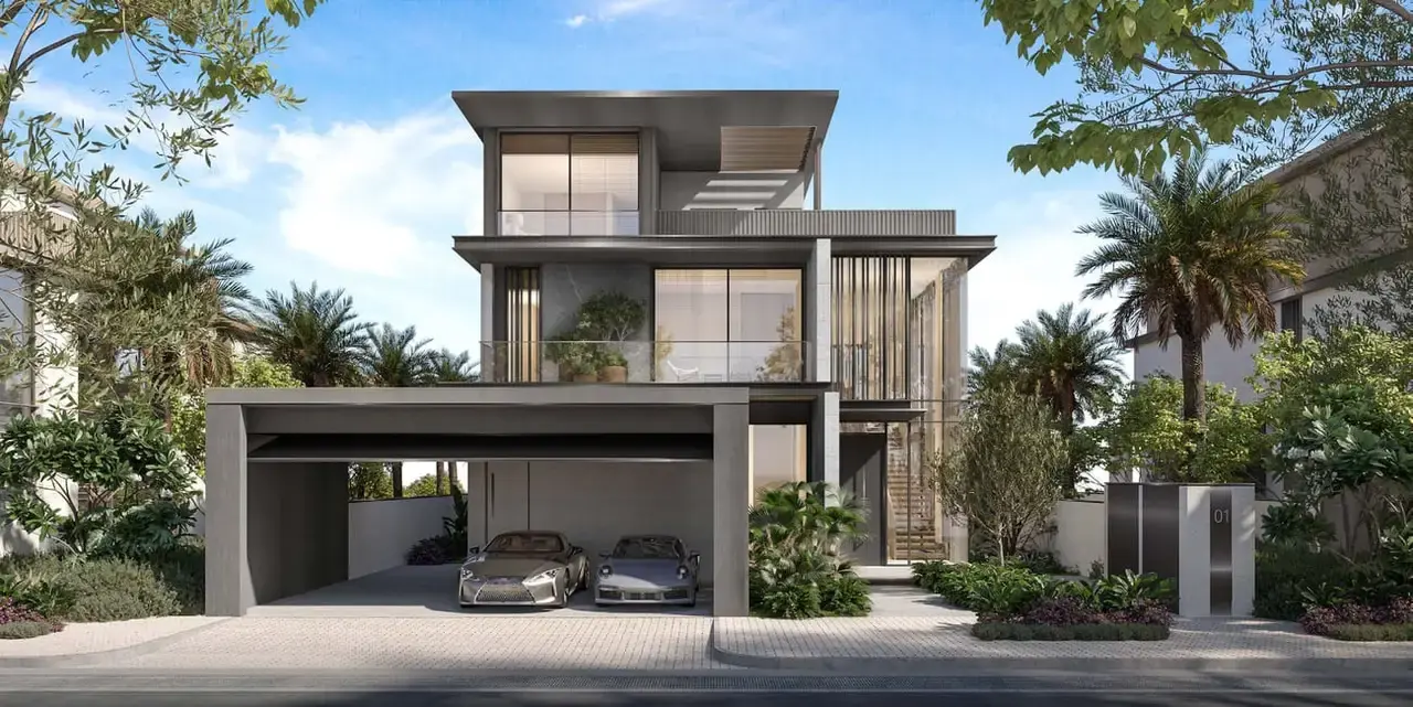 Standalone villa front elevation with double carport