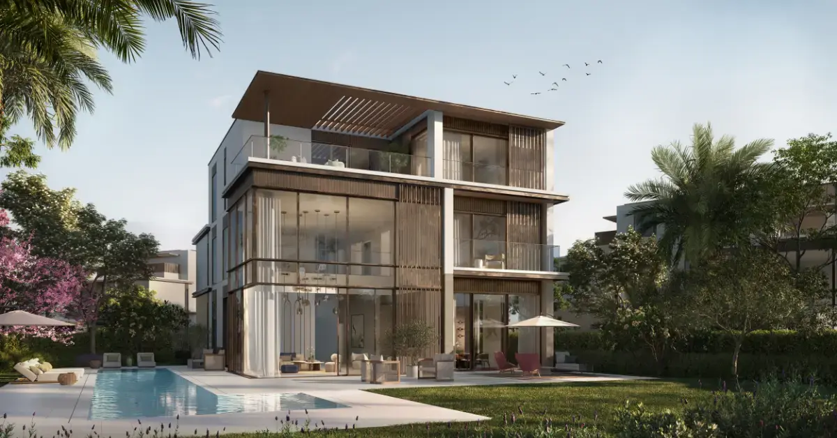 Project picture: Nad Al Sheba Gardens. Villa with pool and timber-screened facade