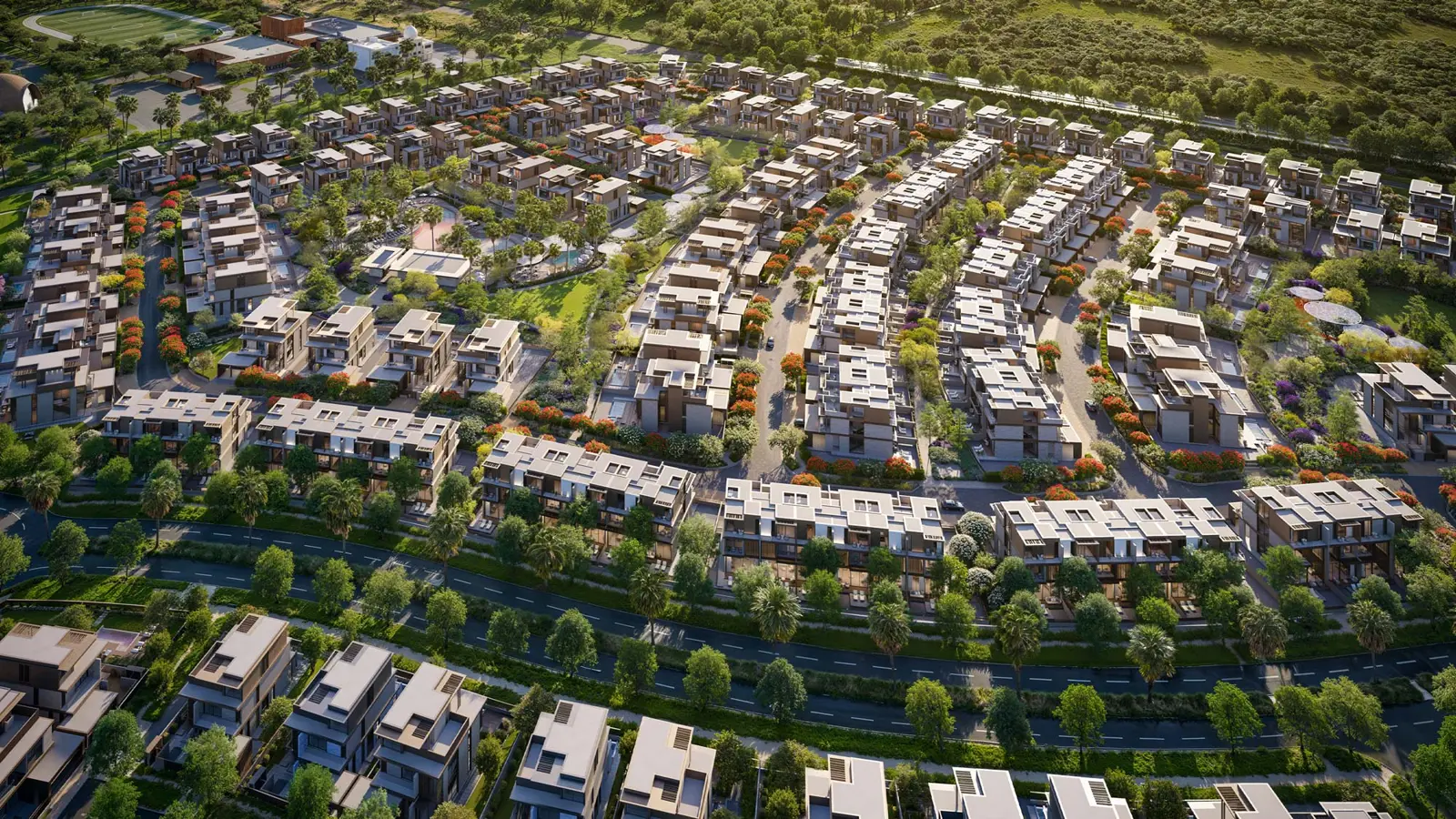 Aerial view of townhouse rows and streets