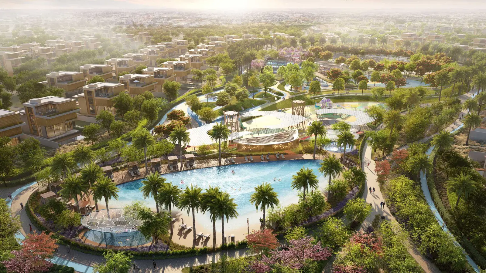 Aerial view of lagoon park among villas