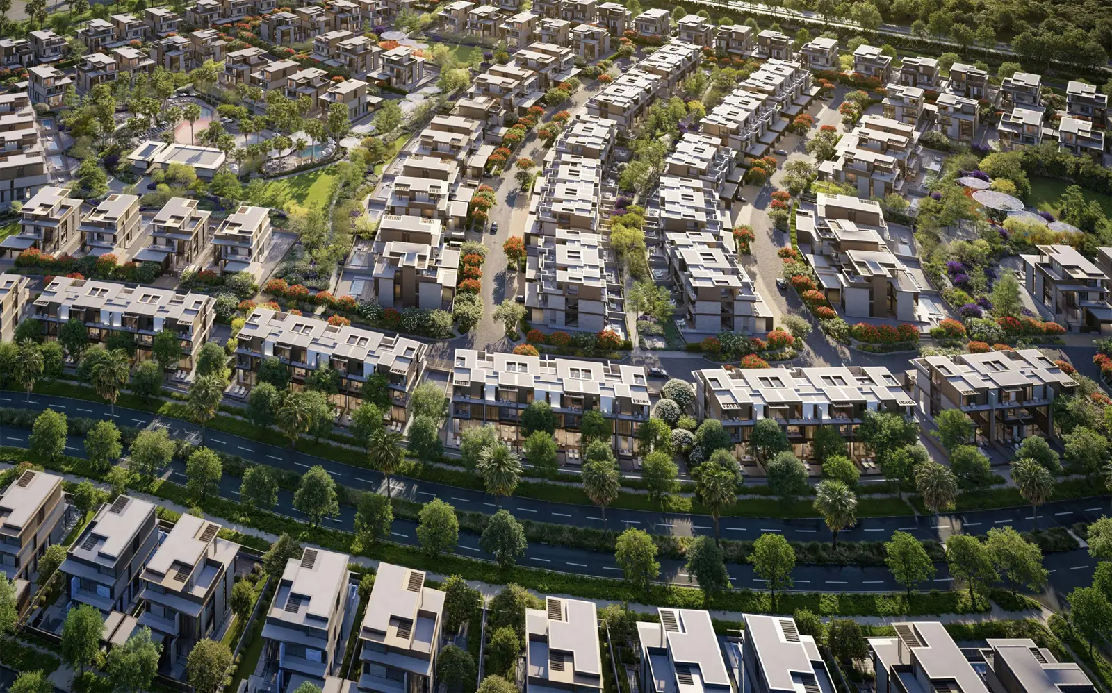 Aerial view of townhouse blocks and tree-lined streets