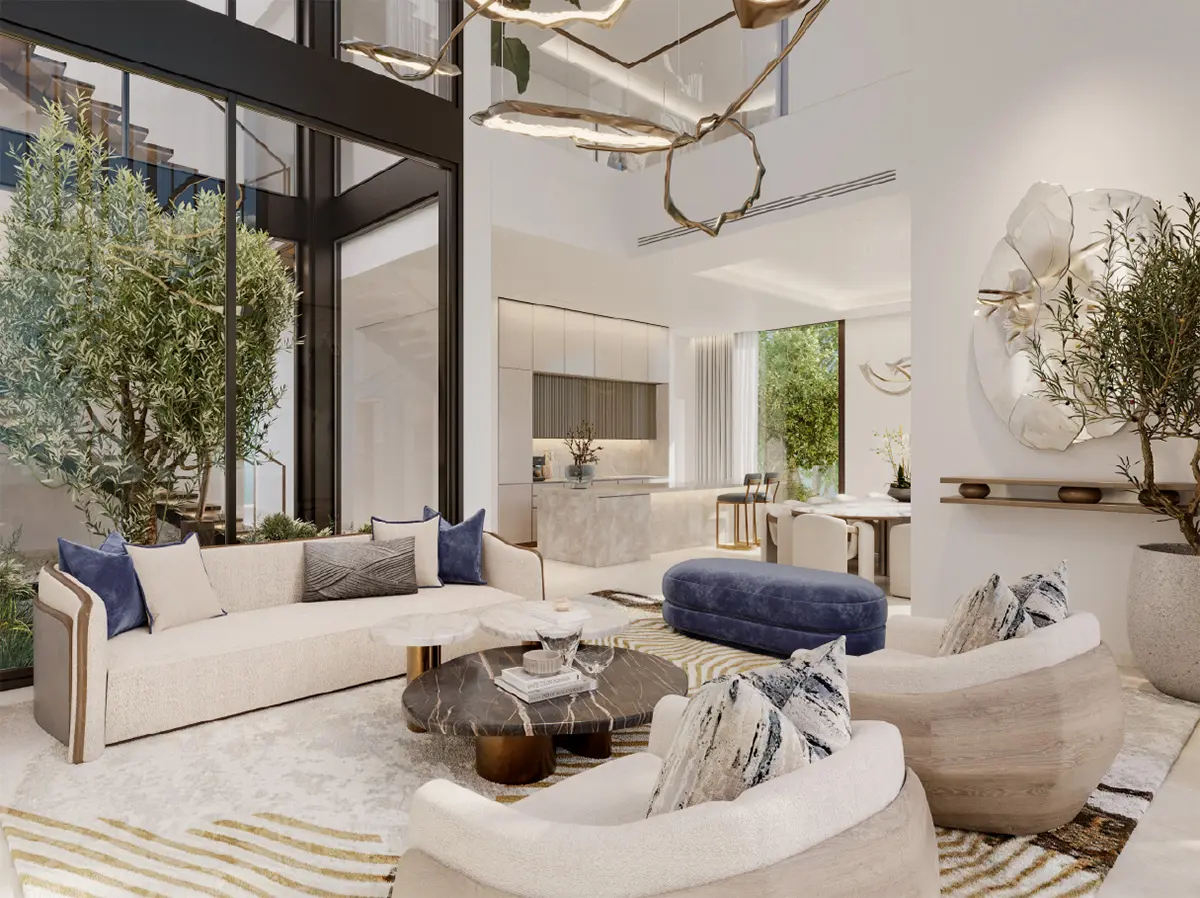 Double-height living room with glass wall and olive trees