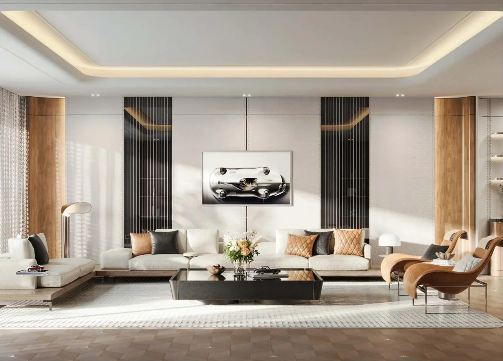Living room with sofas and car artwork