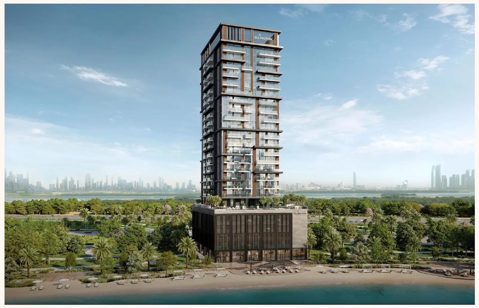 Tower on the lagoon beach with skyline behind