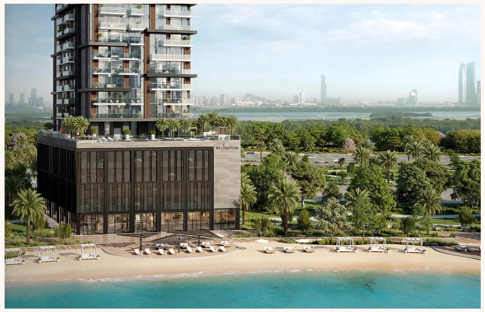 Podium and tower base with beach and cabanas