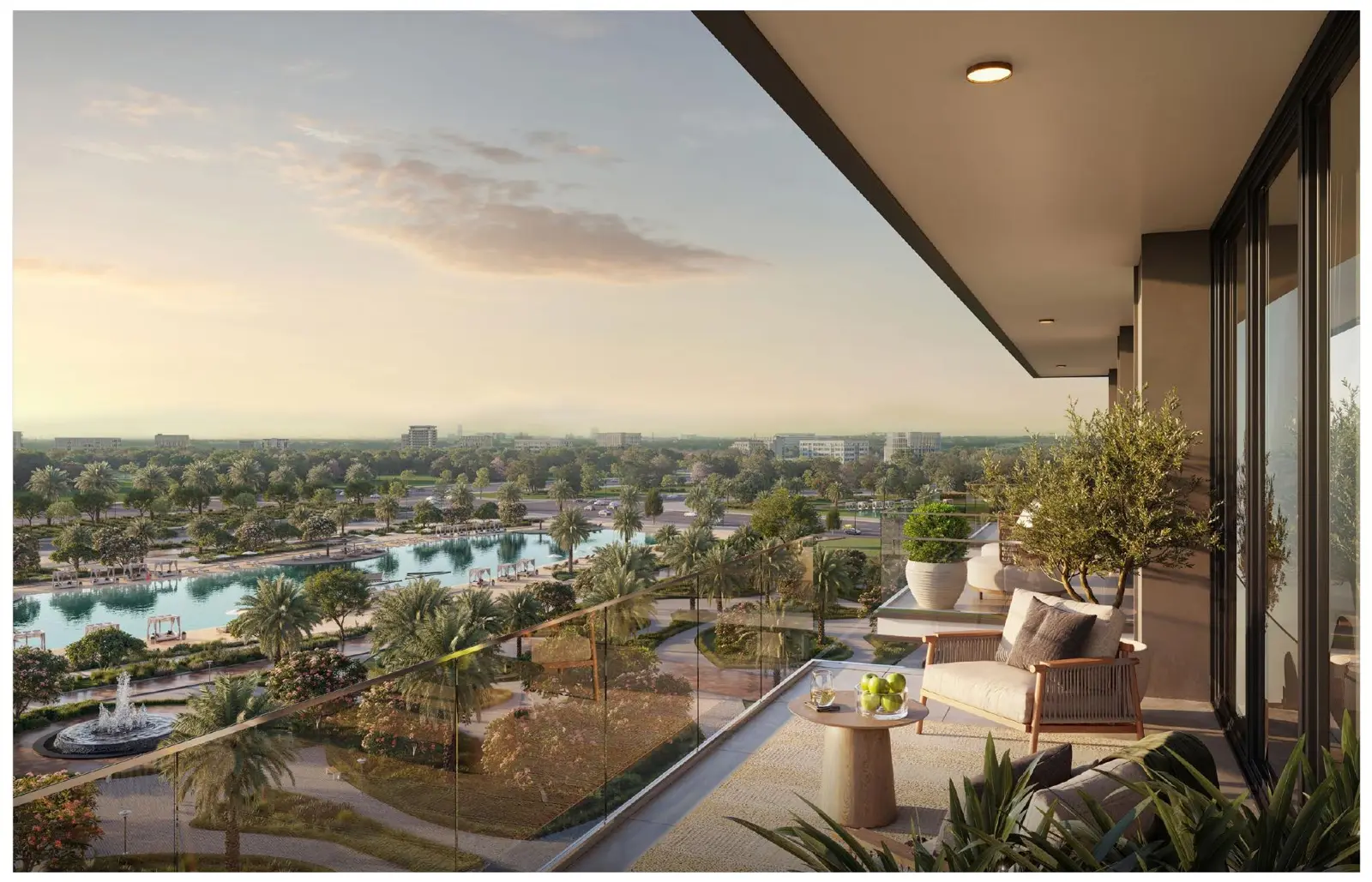 Balcony terrace overlooking the lagoon at sunset