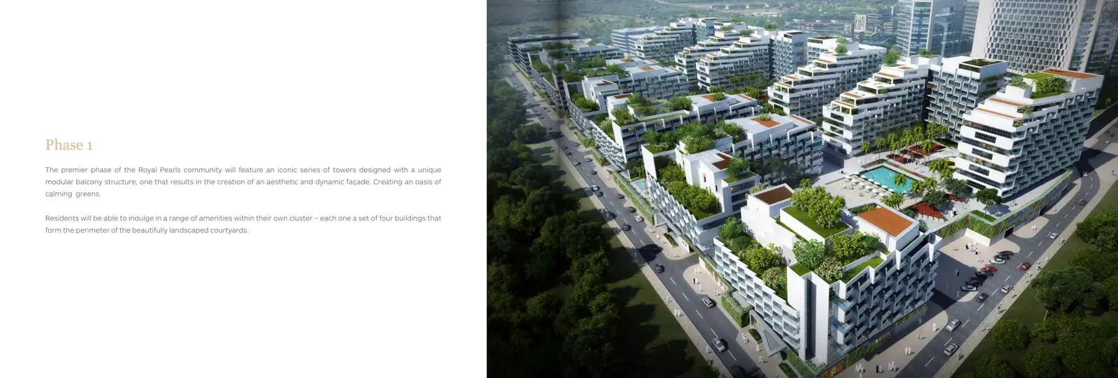 Aerial view of green terraced clusters with pool