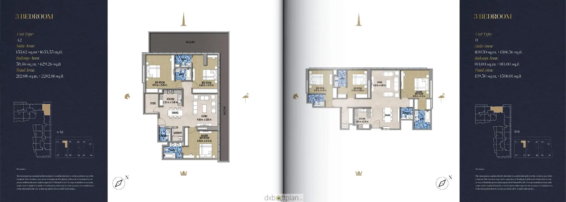 Two three-bedroom apartment floor plans