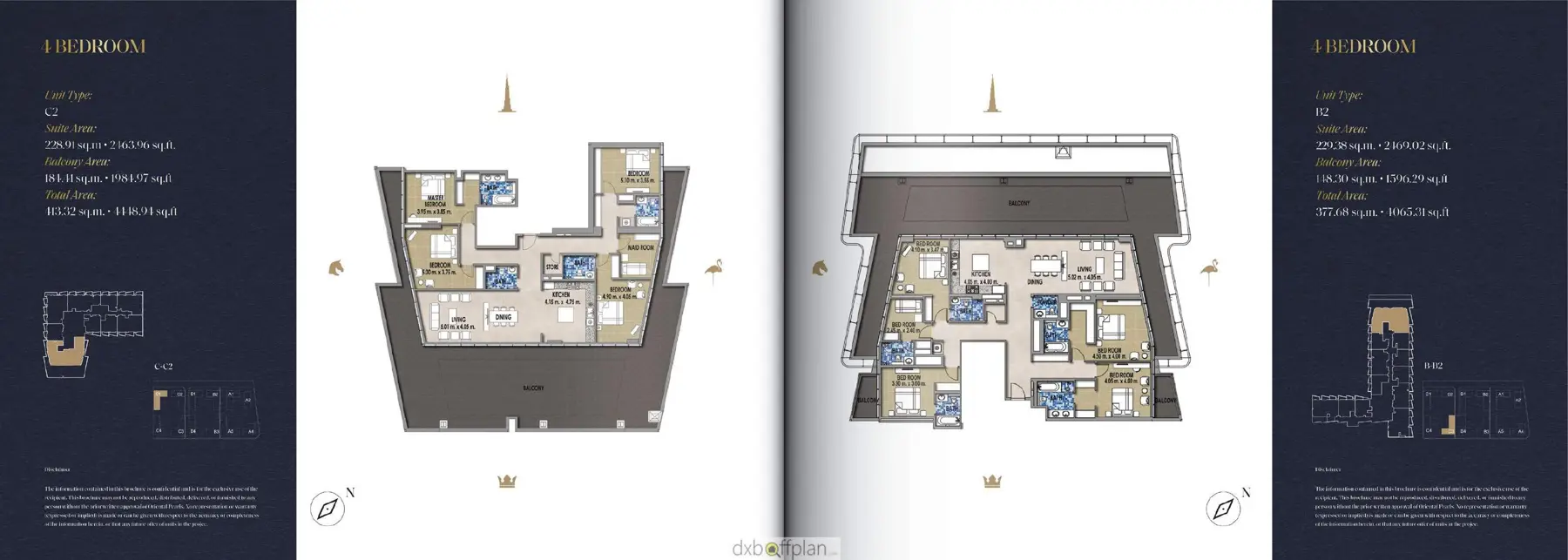 Two four-bedroom apartment floor plans