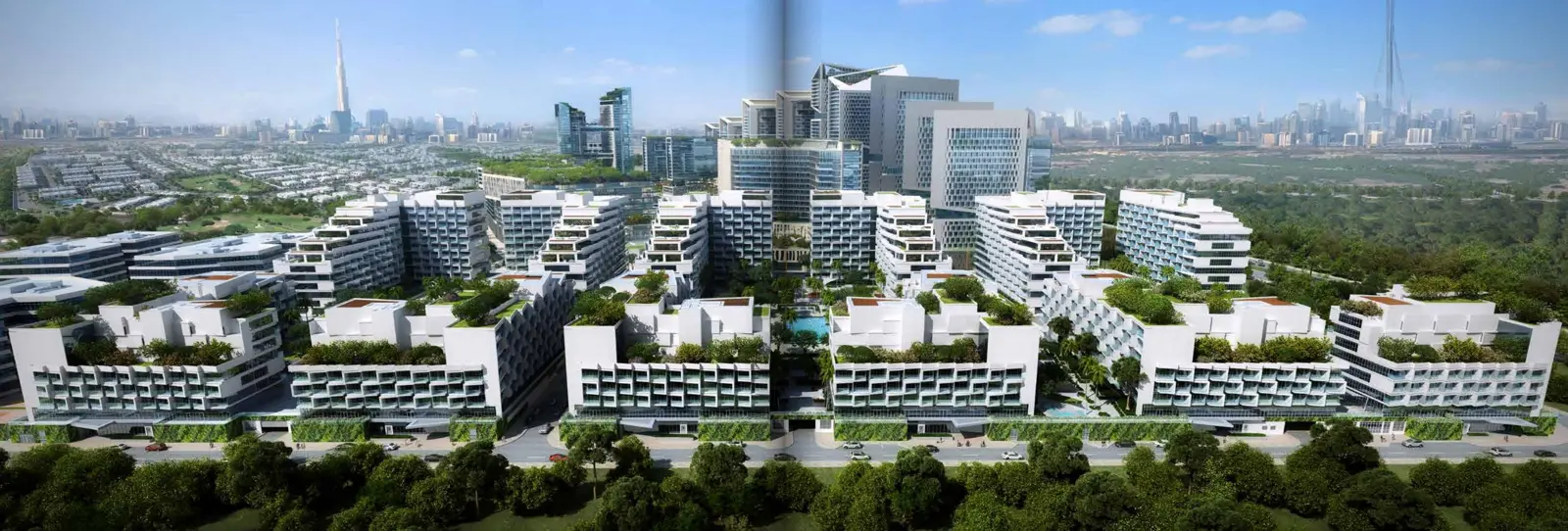 Aerial view of terraced green towers and skyline