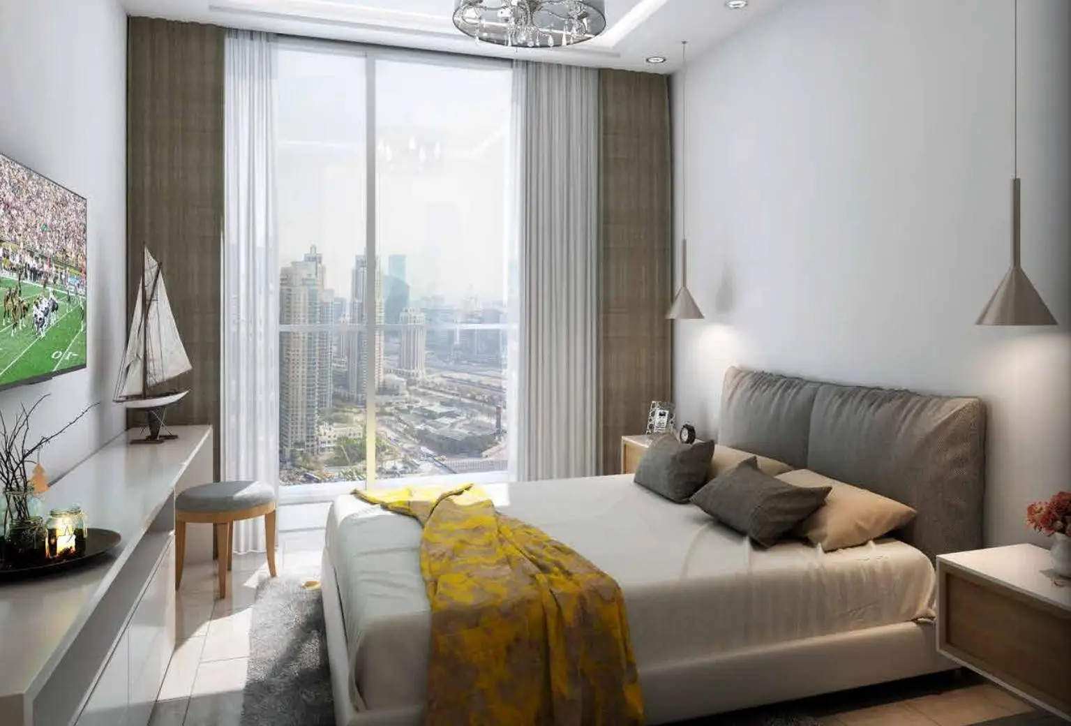 Bedroom with floor-to-ceiling window city view