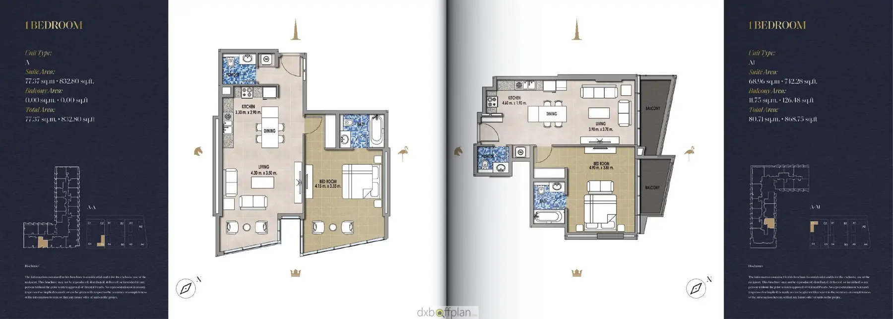 Two one-bedroom apartment floor plans