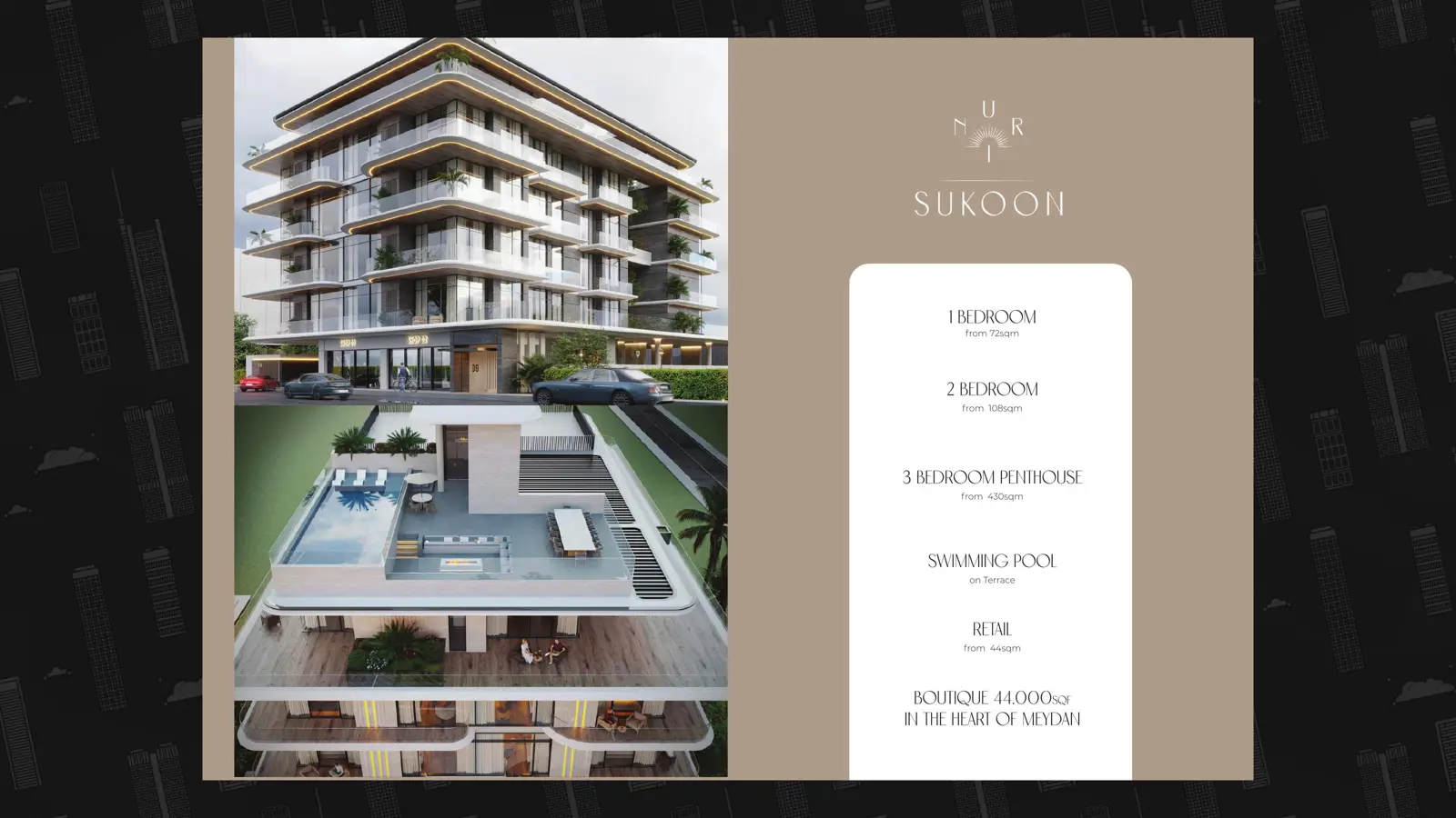 Building facade and rooftop pool terrace