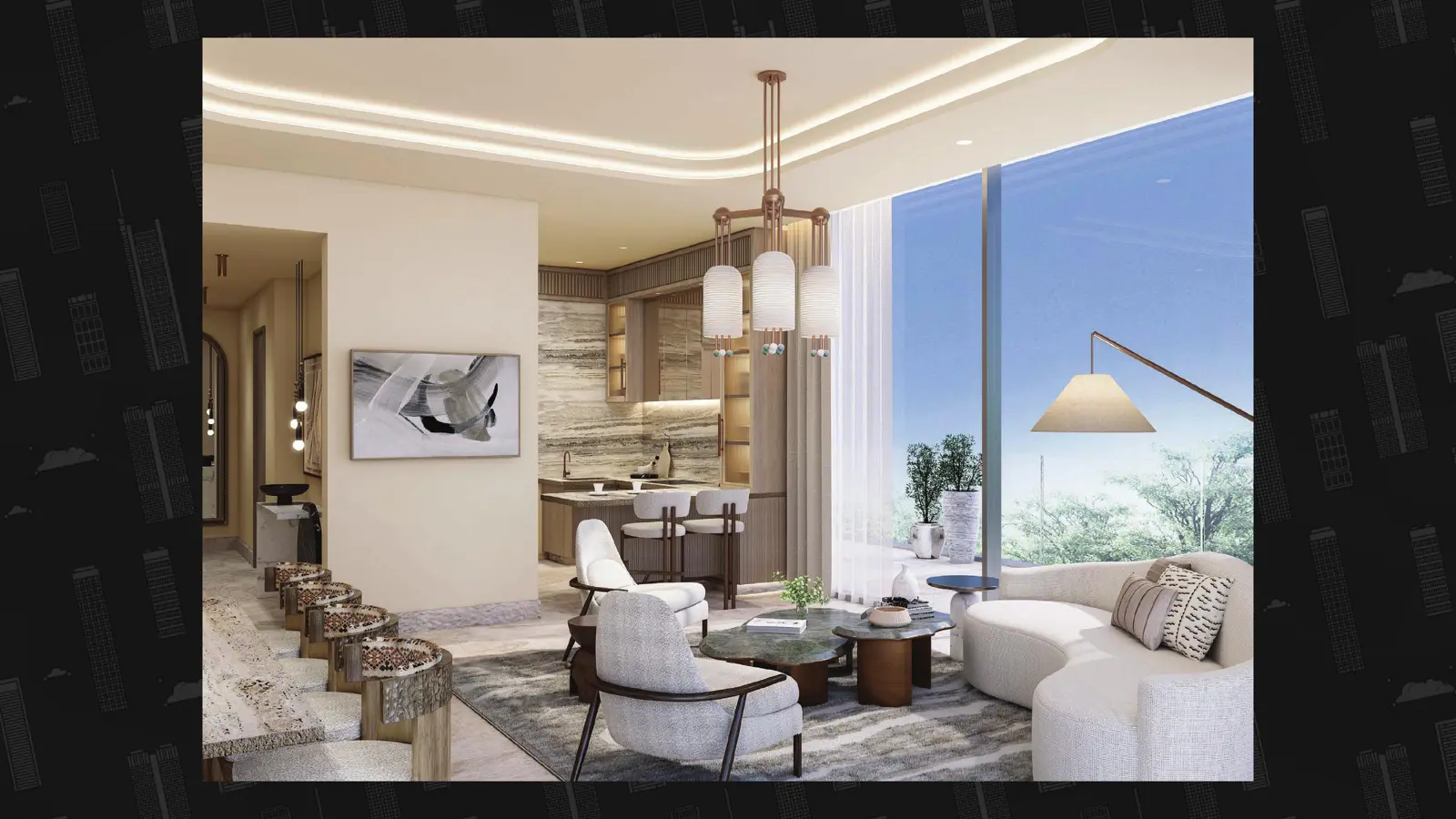 Living room and kitchen with large window