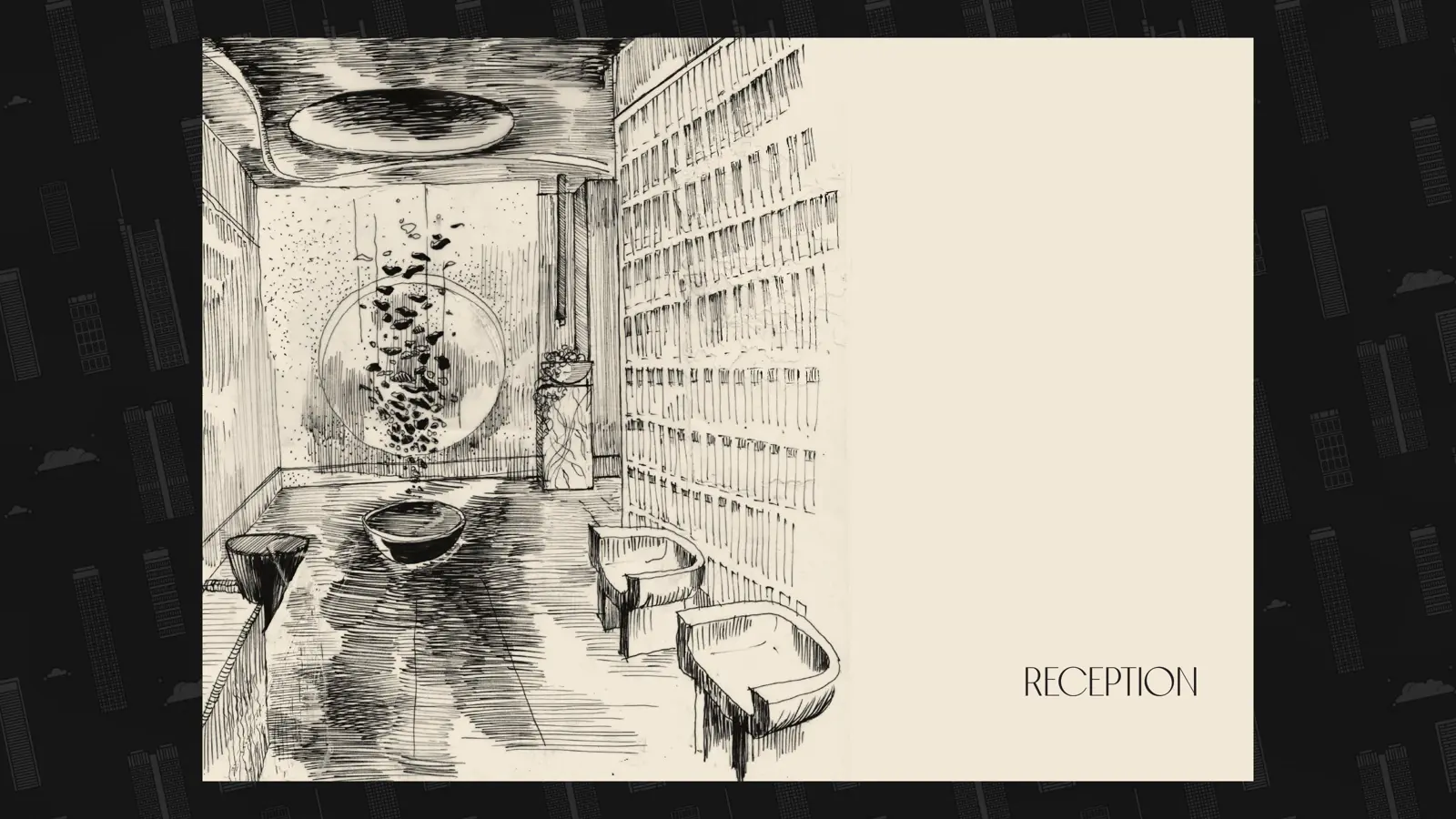 Hand-drawn sketch of the reception lobby