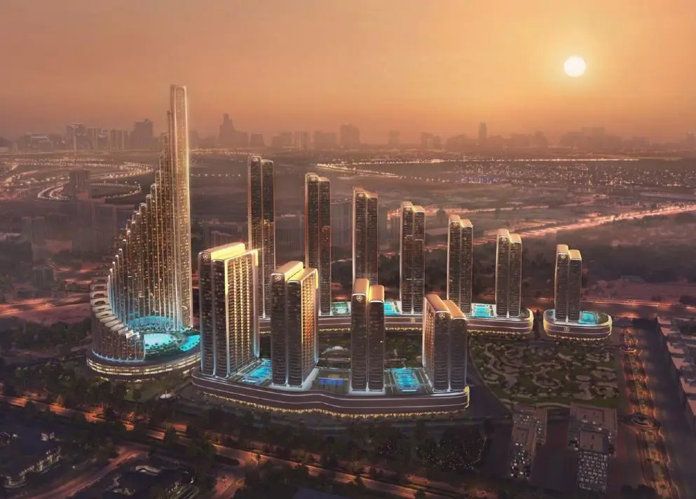 Aerial view of the tower cluster at sunset