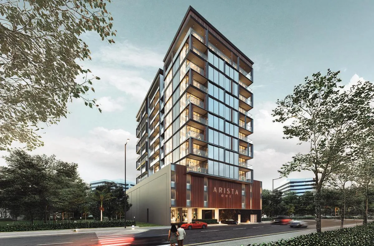 outside, full height, corner view with Arista signage; a render although the building is reported complete, from a sales-agency page (no developer site found)
