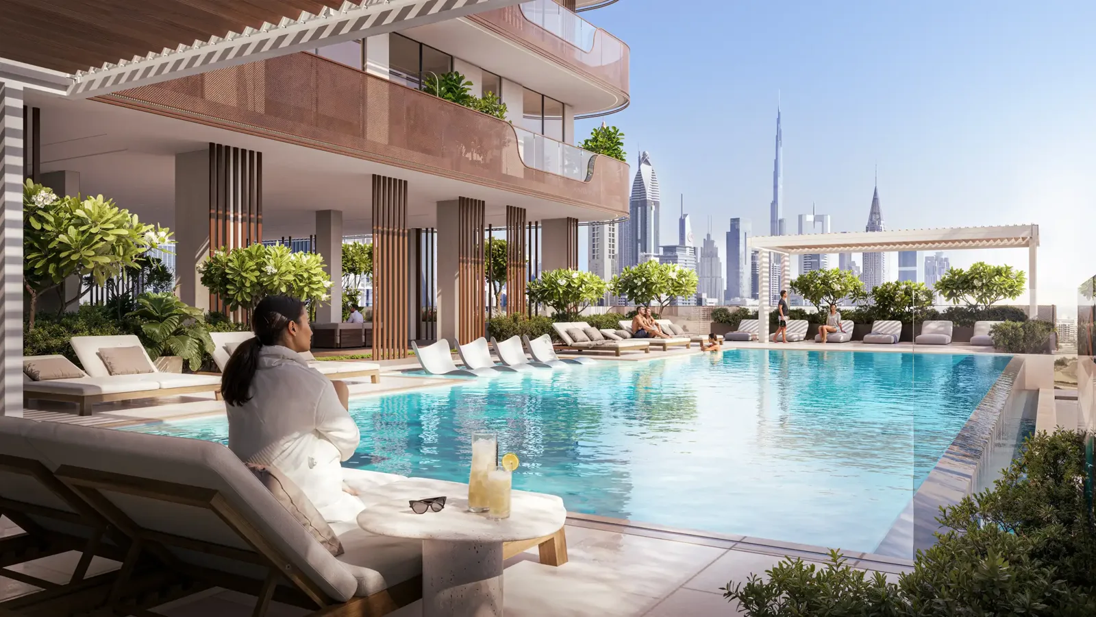 shared area: podium pool with part of the facade (no full-exterior render on the page)
