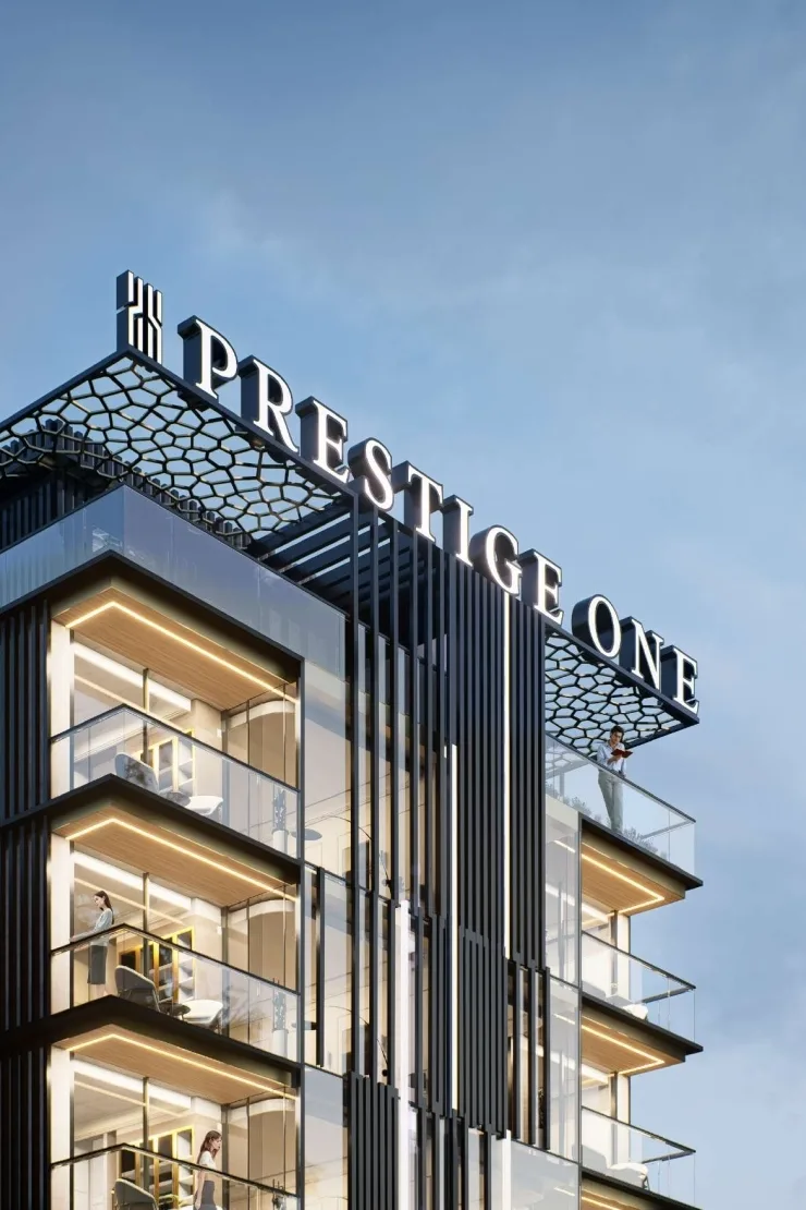 outside, top floors with the Prestige One sign