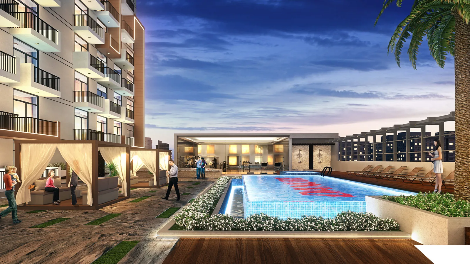shared area: pool deck with facade (render)