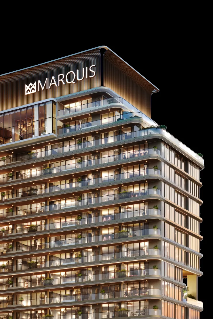 outside, upper half of tower with Marquis sign, night; cropped, not ground to roof (740x1110 portrait)