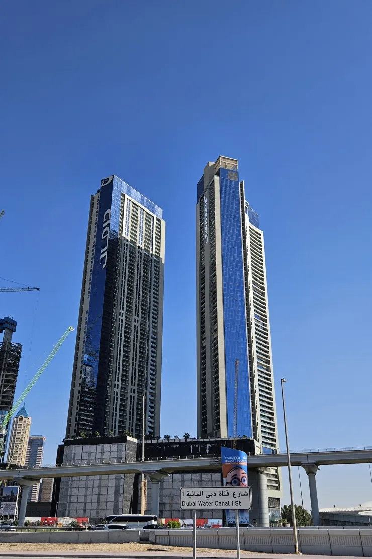 Completed Aykon City towers seen from Dubai Water Canal road