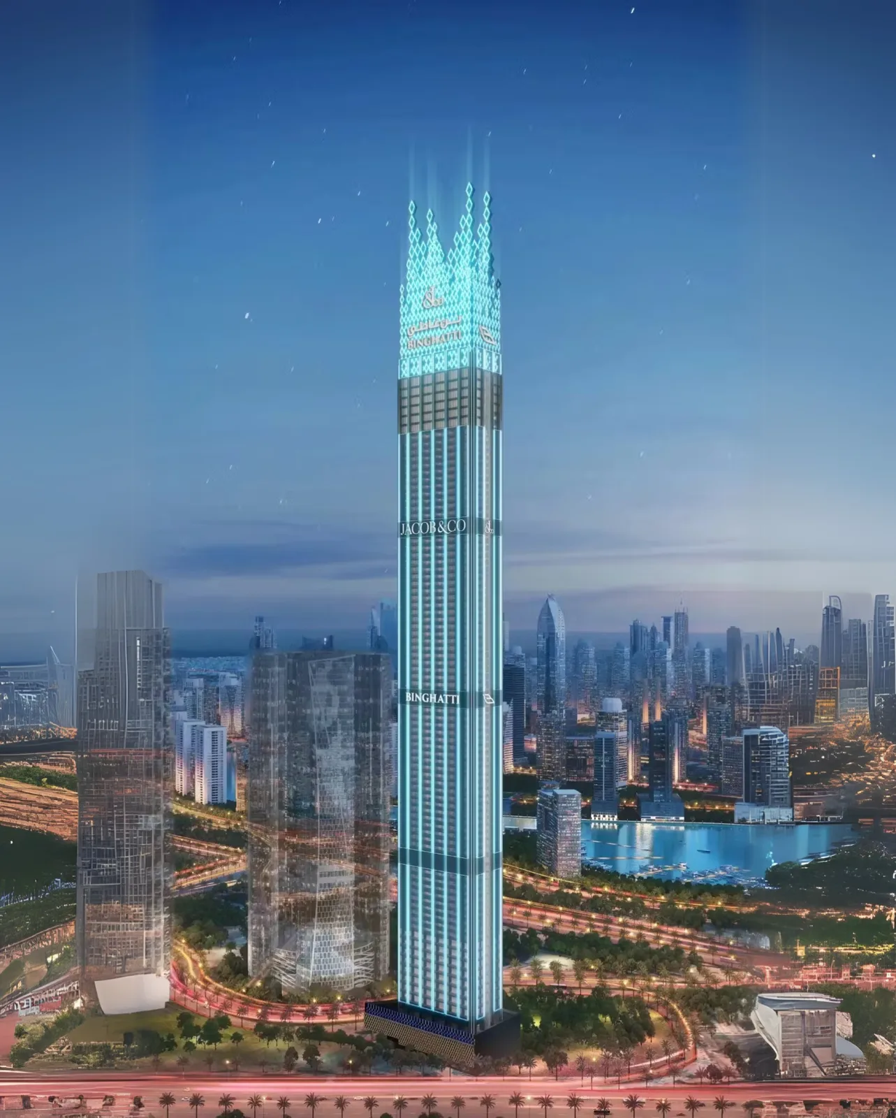 Full tower from base to lit crown at dusk