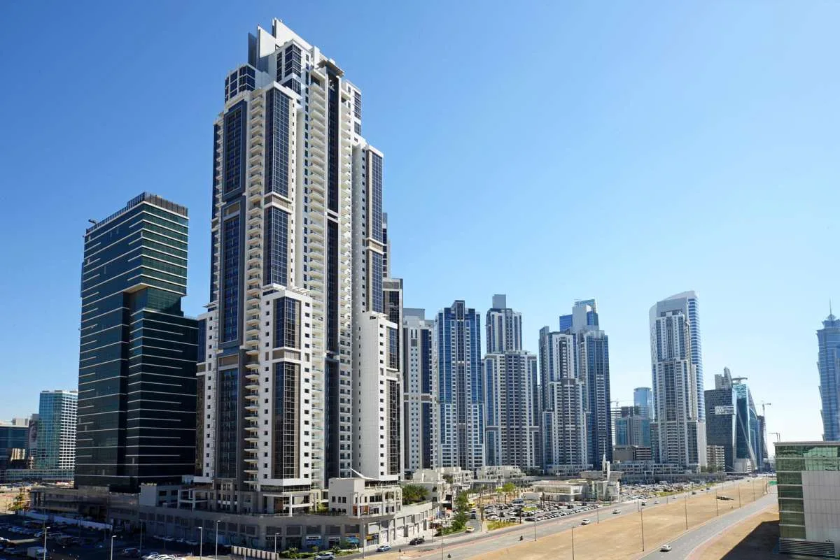 Tower and podium seen across Business Bay