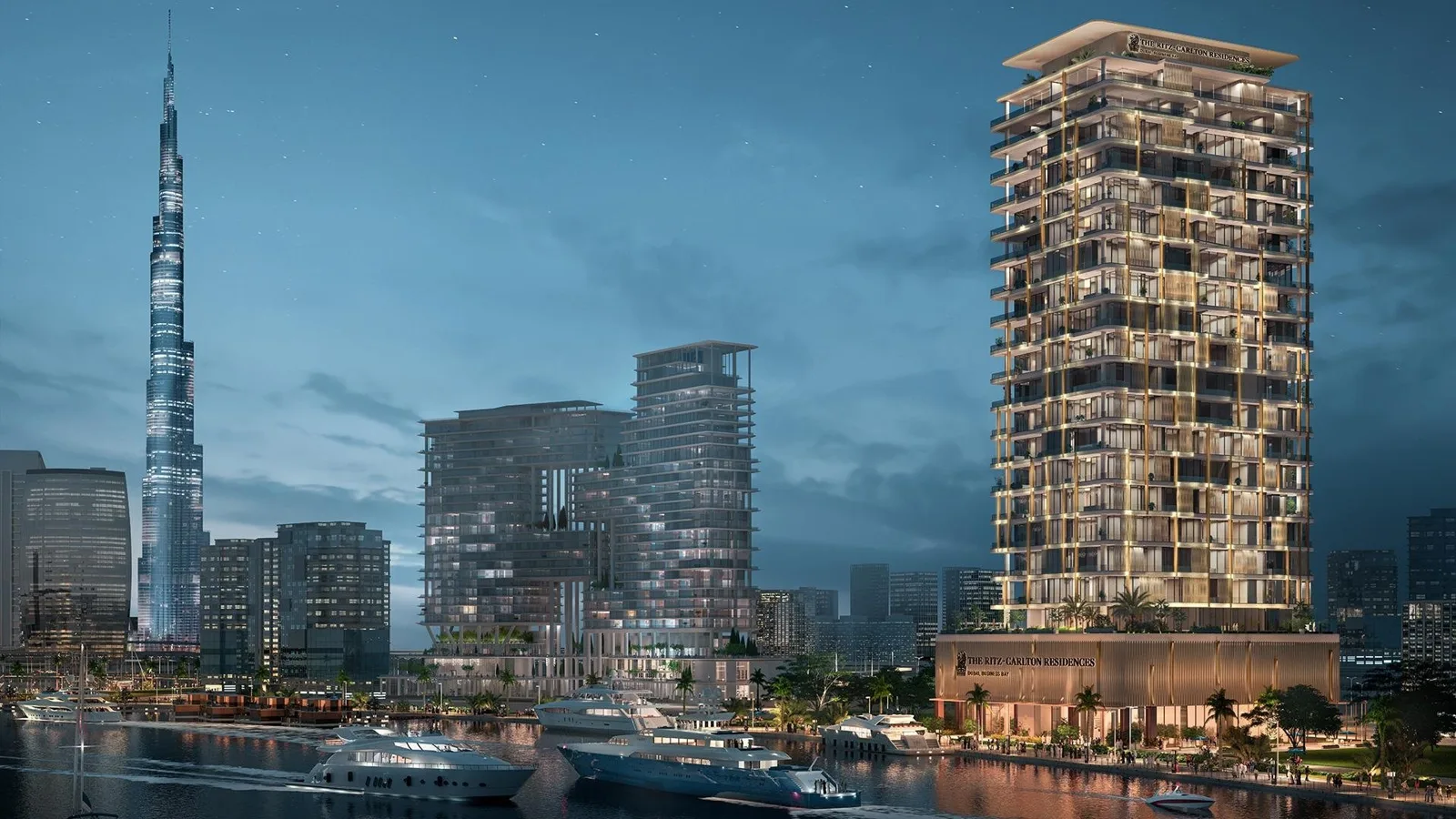 Tower with podium and crown beside Business Bay canal