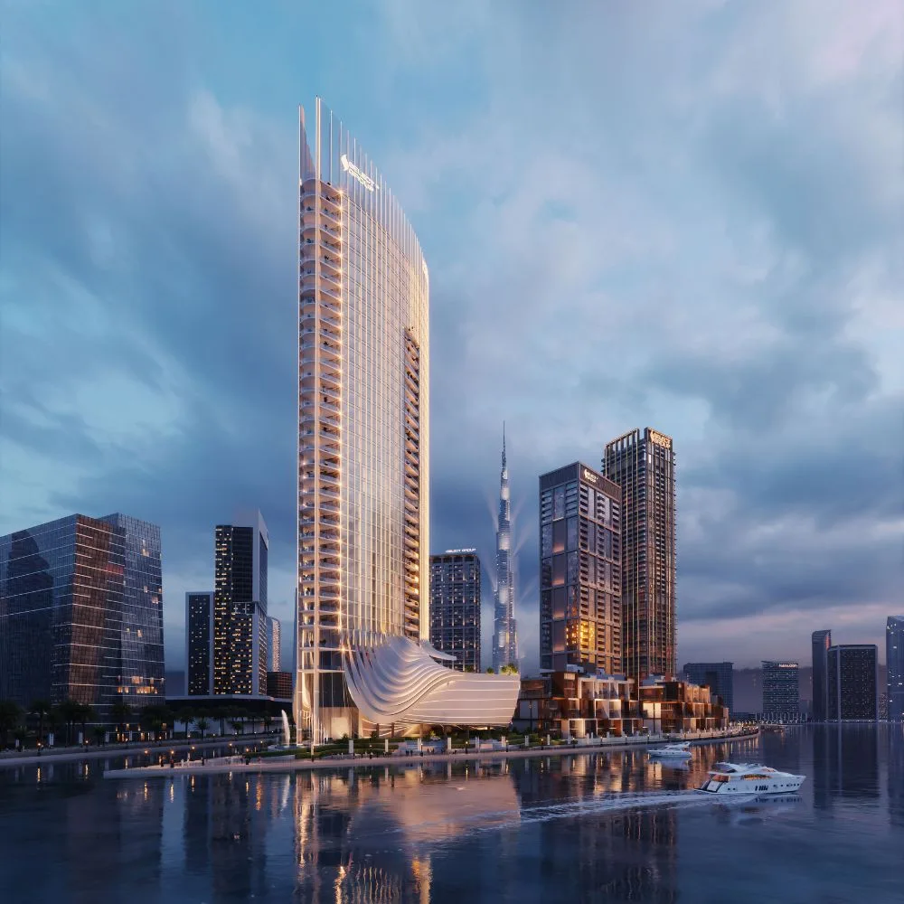 Developer render of tower and wave podium at dusk