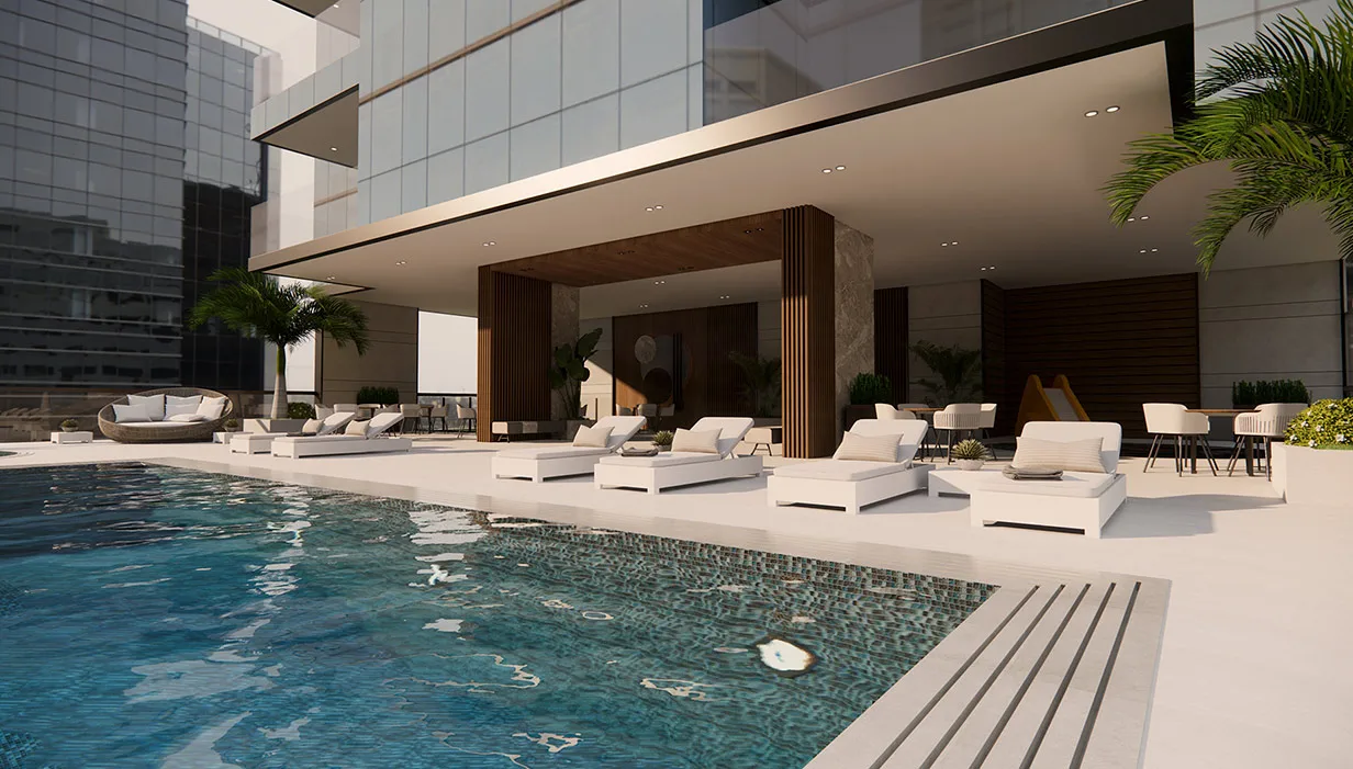 Pool deck with loungers beneath the tower