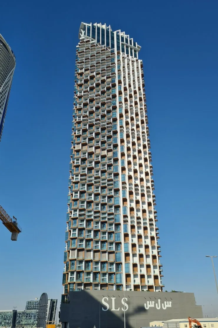 Tower from street with SLS podium sign