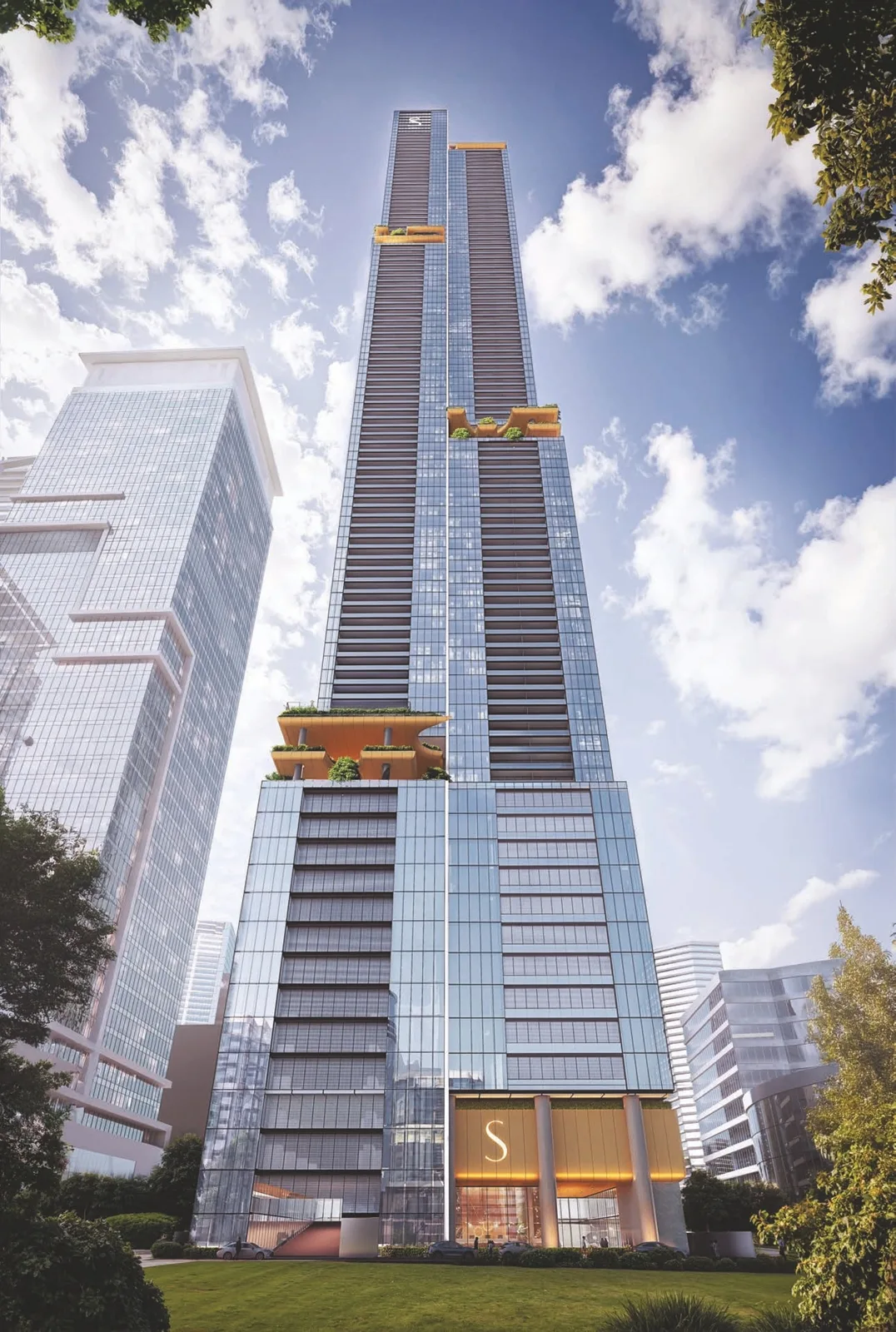 Full-height tower from ground with sky gardens