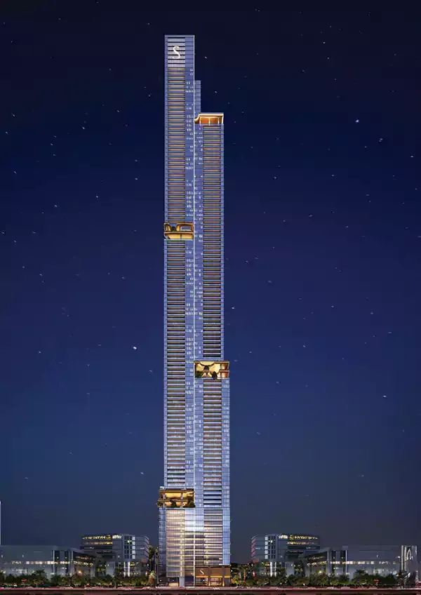 Whole tower at dusk with sky garden terraces