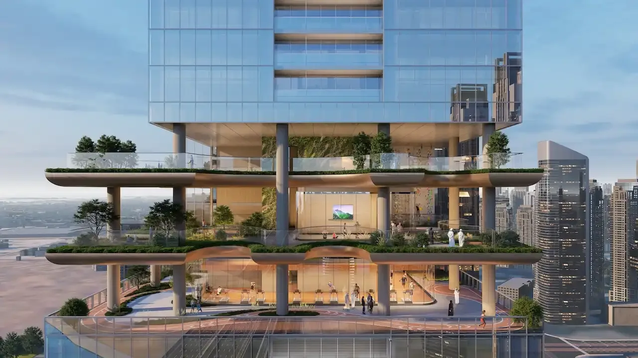 Landscaped sky garden amenity deck with gym and track